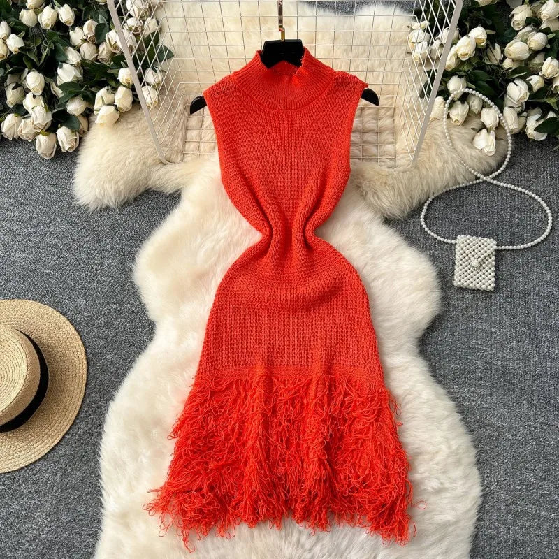 Joskaa 2025 Summer Women Elegant Round Neck Sleeveless Tassels Hem Bodycon Mini Knitted Dress Holiday Beach Party Clubwear