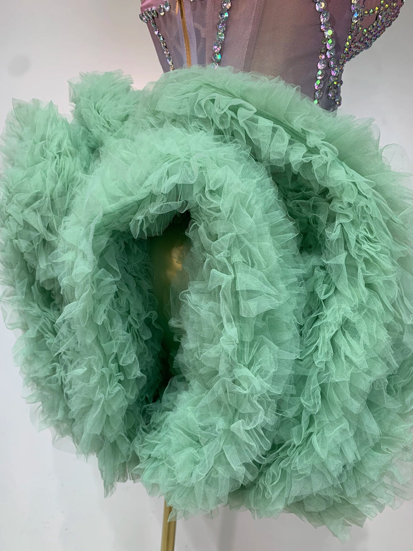 Women Sexy Strapless Backless Green Diamonds Mesh Dress Birthday Party Costume Bar Nightclub Singer Stage Performance Outfit