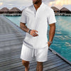 New style summer men's striped casual shirt comfortable loose stand collar short sleeve shorts beach suit fashion trend pullover