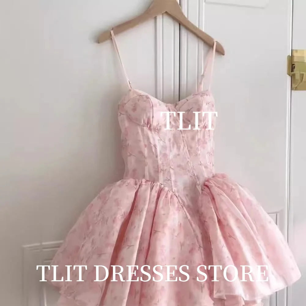 TLIT Fairy Baby Pink Printing Flowers Short Evening Dresses Spaghetti Strap Sweetheart Cocktail Dresses Customized Draped Gowns