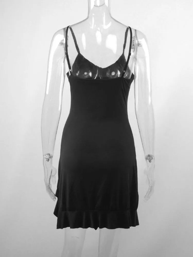 Sexy Sommer Minikleid Damen Neue Schwarze Mode Streetwear Ärmellos Rückenfrei Falten Split Kleid Elegantes Party Spaghetti-Träger A-Linien-Kleid