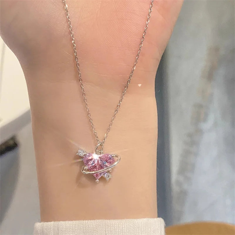 Y2K Rosa Planet Herz Zirkon Anhänger Halsketten Frauen Mode Ästhetische Schlüsselbeinkette Halskette Valentinstag Geschenk Party Schmuck