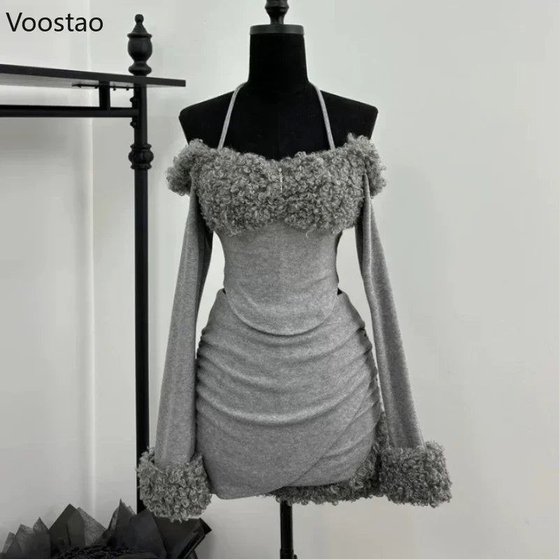 Süß Sexy Unregelmäßig 2-teiliges Set Damen Chic Plüsch Patchwork Slim Tops Minirock Anzug Koreanischer Y2k Ästhetik Lolita Stil Outfits