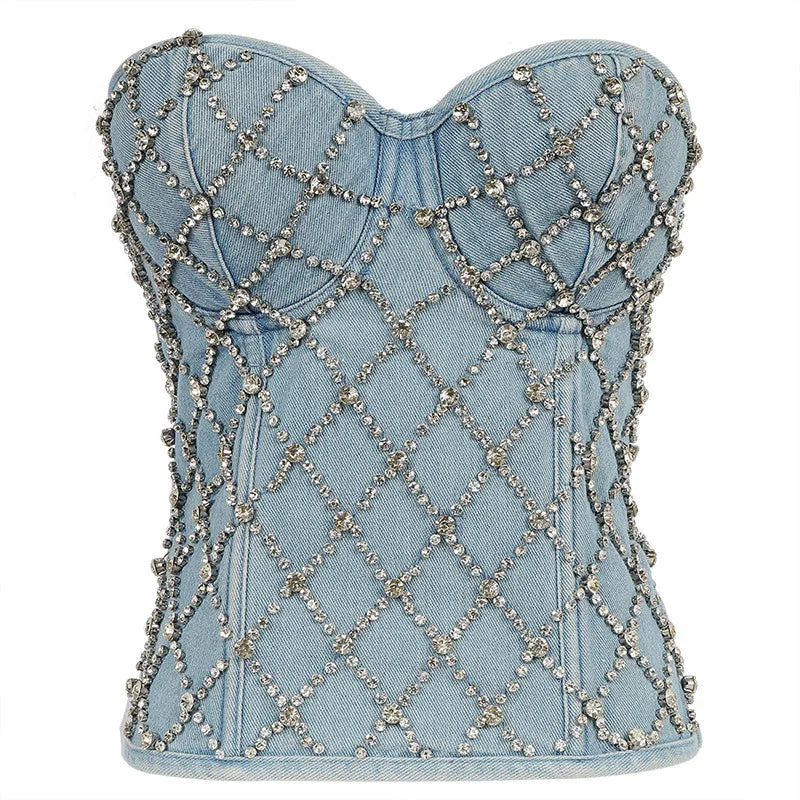SXTHAENOO Damen Sexy Fashion Crop Top Diamant Blume Trägerloses Bustier Top BH Nachtclub Party Tank Top Weiblich Ropa De Mujer