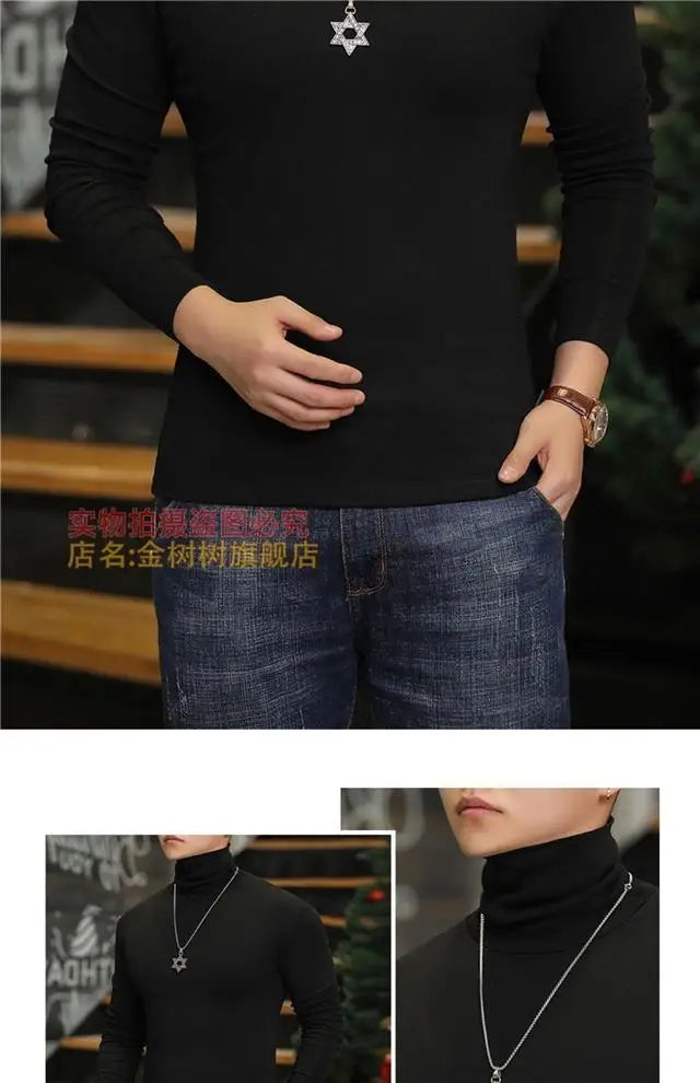 Fashion Men's Turtleneck T-Shirts Casual Autumn Winter High Collar New Slim Long Sleeve Stretch Model Undershirt Plus Size Tees