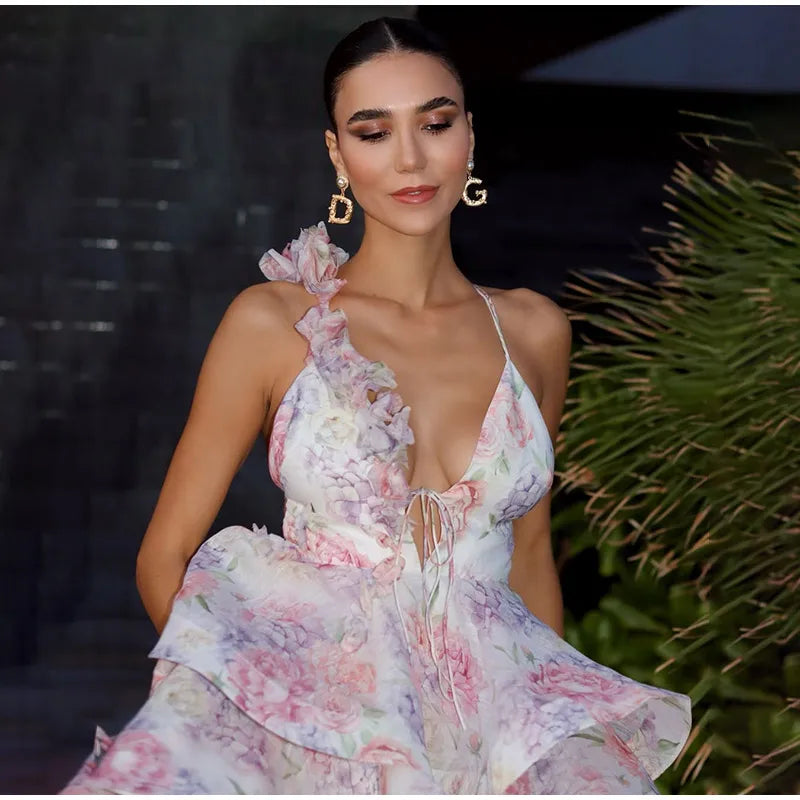 Damen Batik 3D Blumen Tief V-Ausschnitt ausgestellte Ärmel Minikleider Mode Slim Bedruckt Mehrfachfalten Vestidos Neue Damen Urlaubskleidung