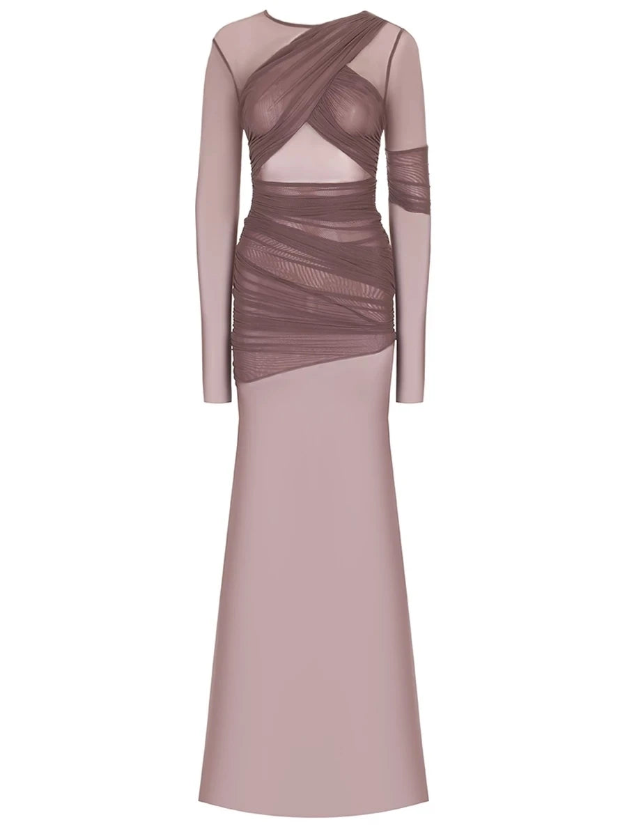 Articat Elegantes Mesh-Patchwork Langarm-Bodycon Party Club Abendkleid Sexy Doppellagiges Perspektivkleid Herbstkleidung