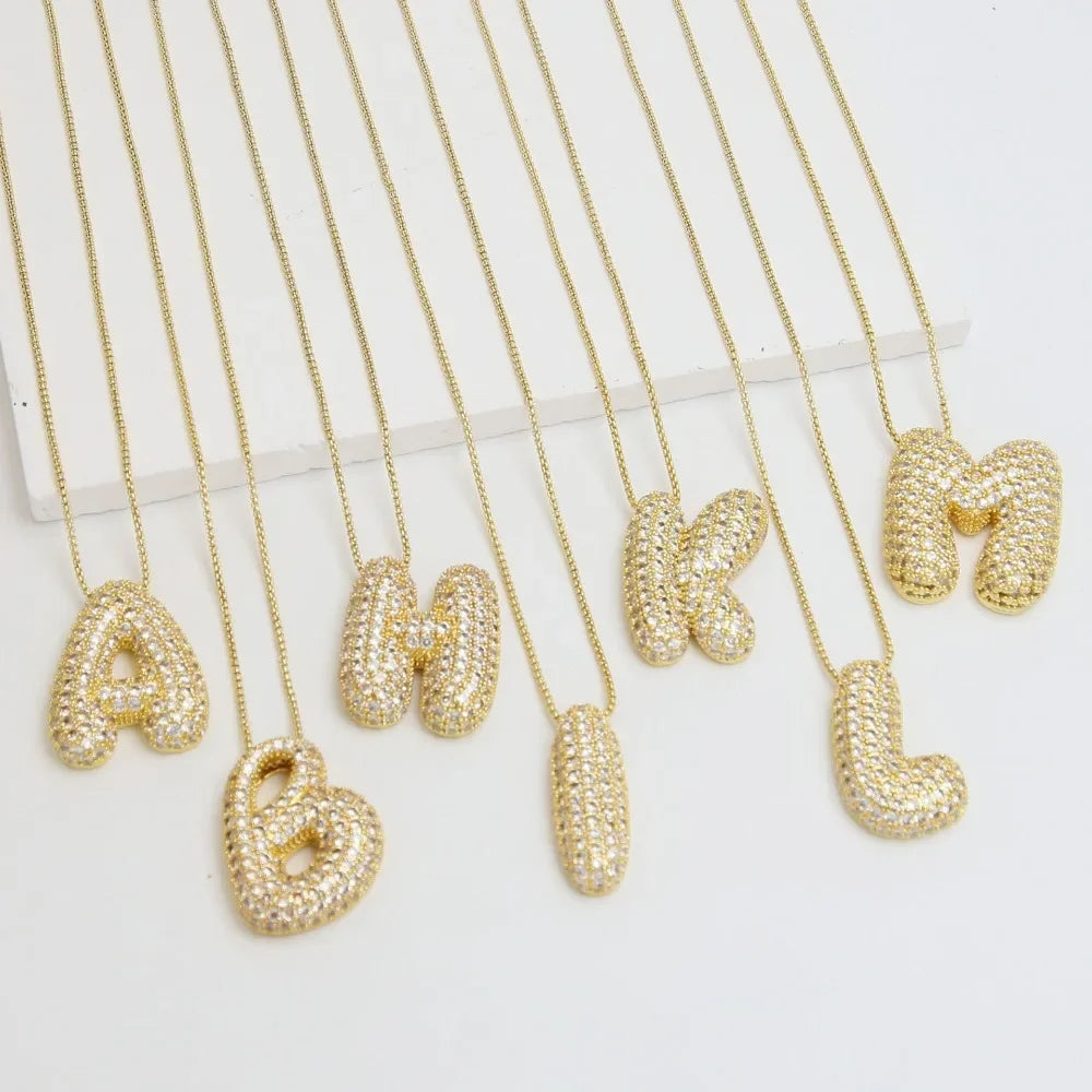 18K Vergoldet Wasserdicht Dicke Blase Alphabet Buchstabe Schlüsselbein Halskette Funkelnder Strass Ballon Initialen Schmuck