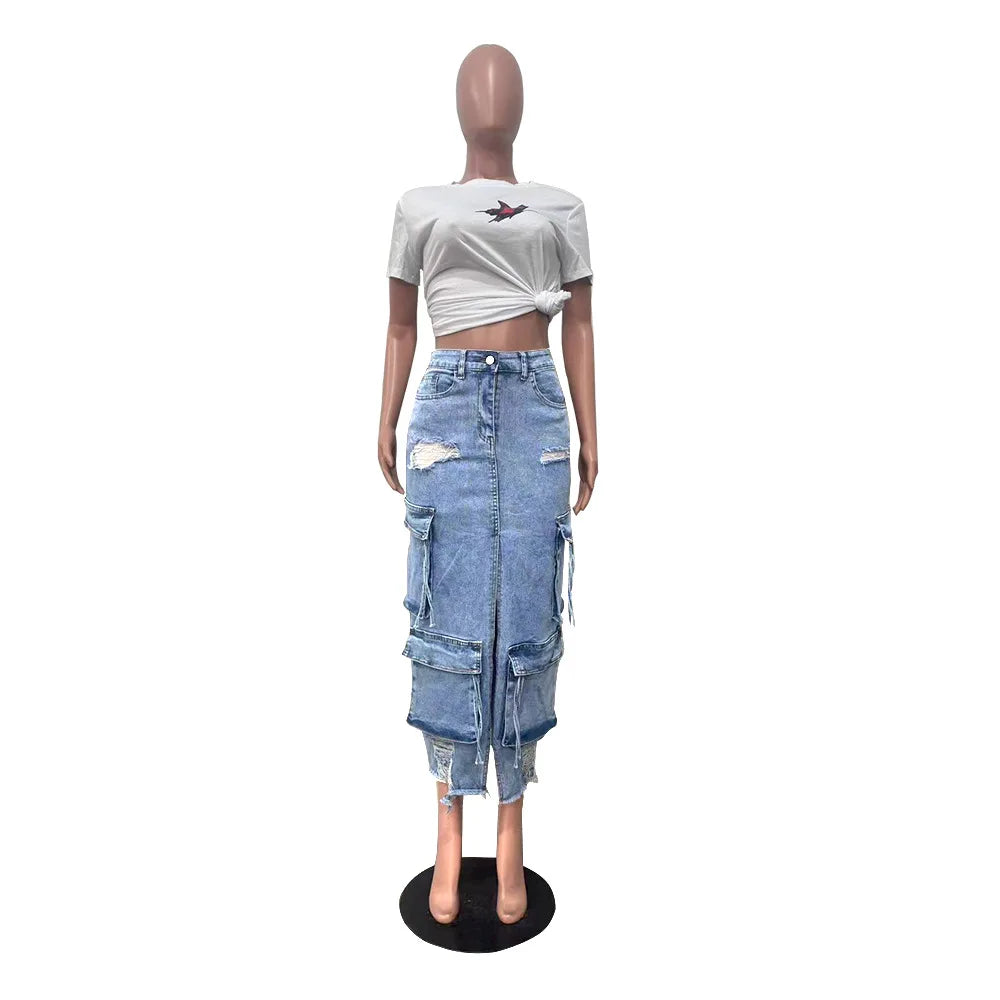 Mid Length Skirts Women Denim Skirt Hole Pockets A Line Slit Slim Y2k Streetwear Elegant Splice Y2k High Waist Summer 2025