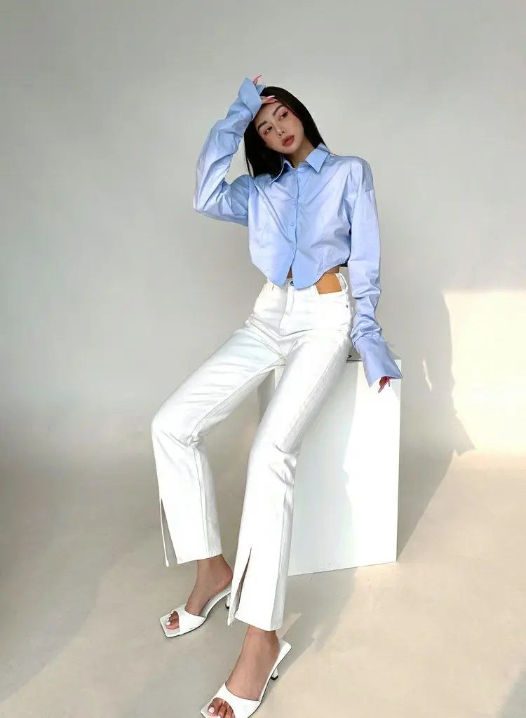 Zadily 2025 Summer Korean Style Long Sleeve White Shirt Women Sexy Button Ladies Crop Tops Blouse Street New In Female Clothing