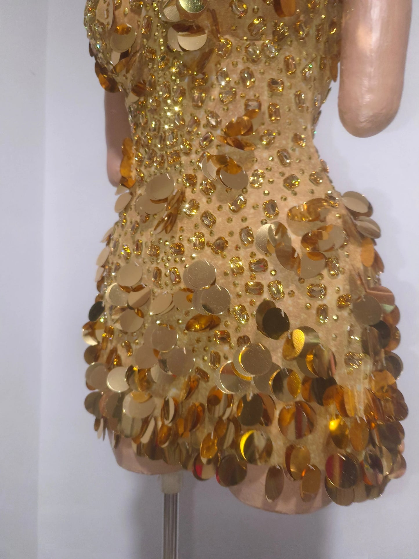 Sparkly Gold Rhinestone Sequins Sexy Strapless Mesh See Through Mini Dress Women Eveing Birthday Party Nightclub Stage Costume