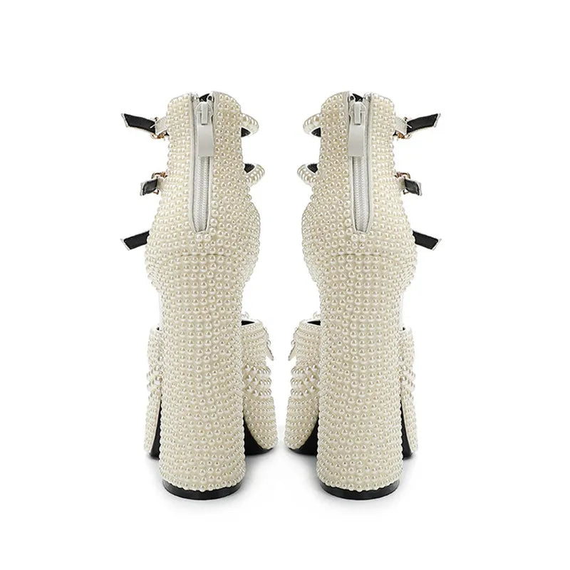 Luxury Handmade Full Pearls Rhinestones Bowknot Women Pumps Fashion Ankle Strap Platform Wedges High heels Banquet Wedding Shoes
