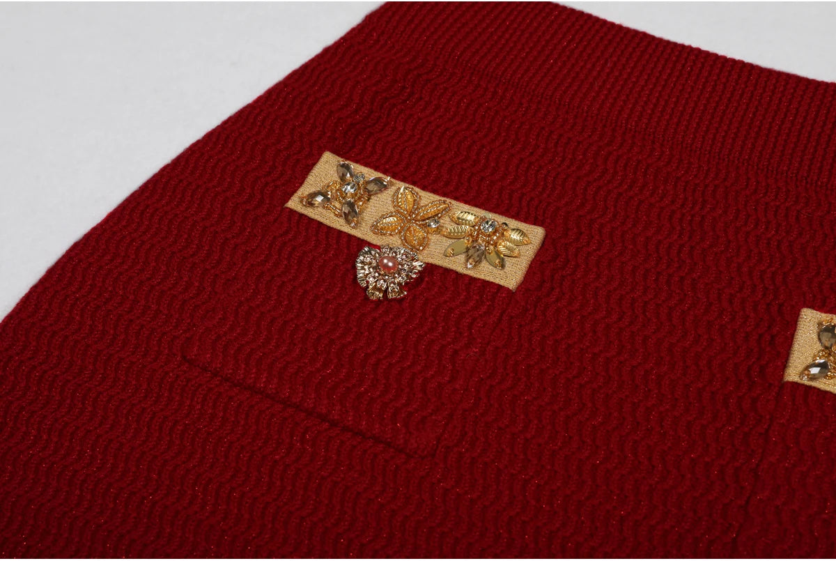 High Quality New Fashionable Elastic Knitted V-neck Luxurious Exquisite Nail Bead Piece Cardigan Slim Fit Short Skirt Women Set