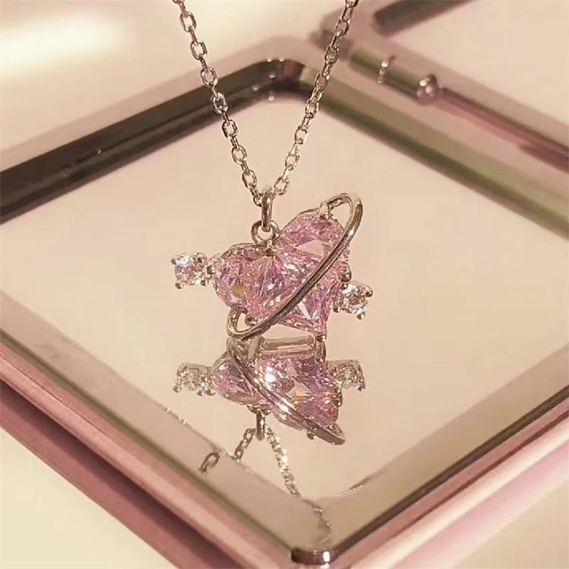 Y2K Rosa Planet Herz Zirkon Anhänger Halsketten Frauen Mode Ästhetische Schlüsselbeinkette Halskette Valentinstag Geschenk Party Schmuck