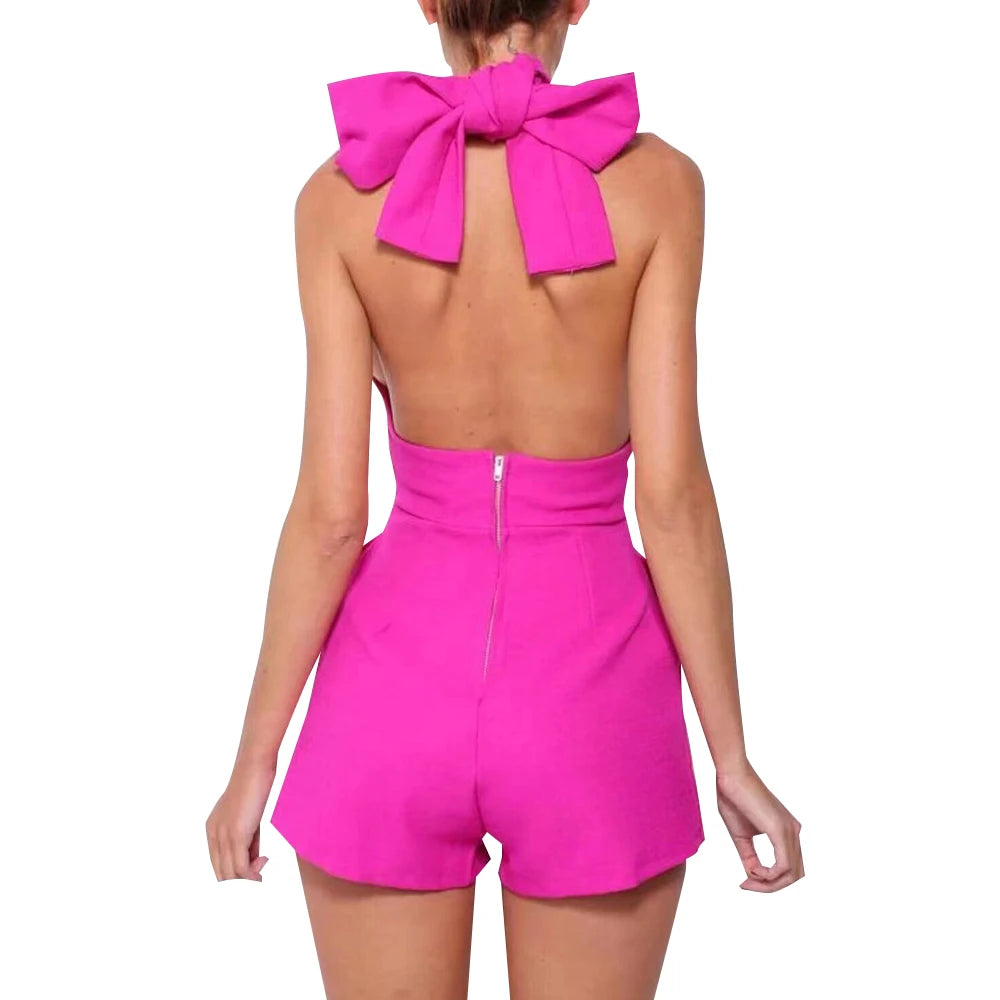 TWOTWINSTYLE Solid Office Playsuit for Women Halter Sleeveless High Waist Patchwork Bandage Backless Playsuits Female Fashion