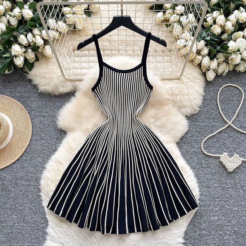 Joskaa 2026 Autumn Retro Striped Knit Dress Women Elegant Pleated Waist Slim Low Cut Sleeveless A-line Slip Dress Streetwear