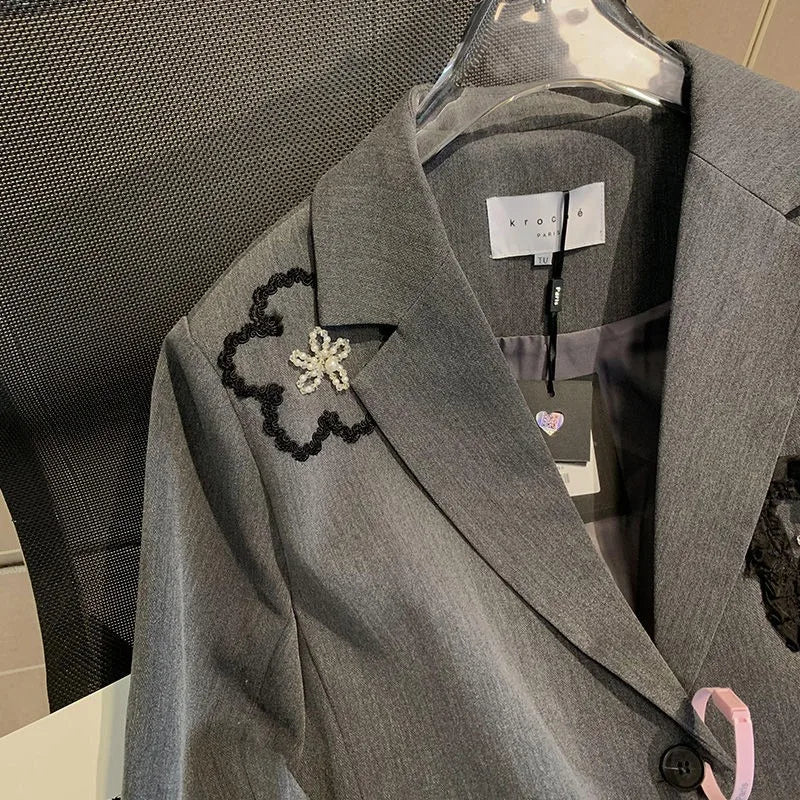 OCEANLOVE Bestickte Blumenblazer Damen Frühling Herbst Koreanische Mode Chaquetas Elegante Graue Lockere Retro-Blazer Feminino