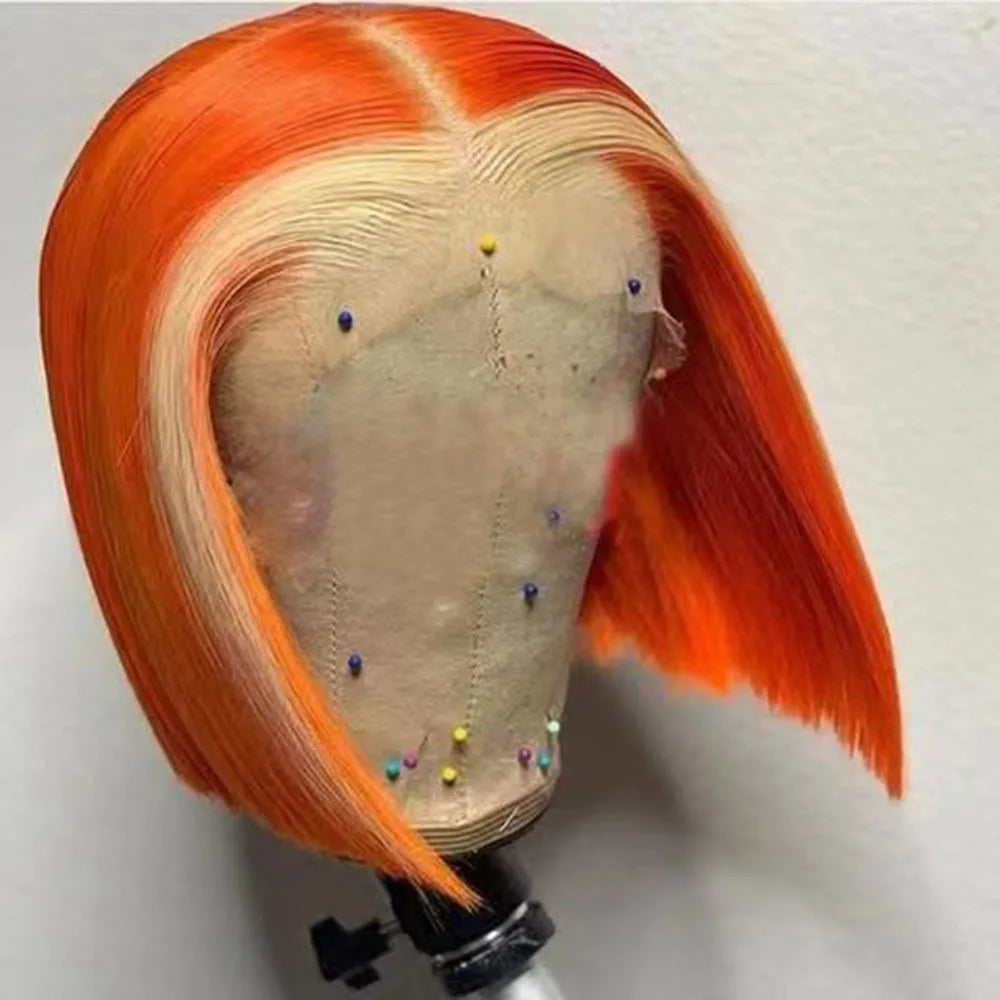 WIF Kurzer Bob Glattes Farbenfrohes Haar Synthetische Perücke Highlight Orange Glatter Bob Pinkes Haar Lace Front Perücken Cosplay Make-up Verwendung