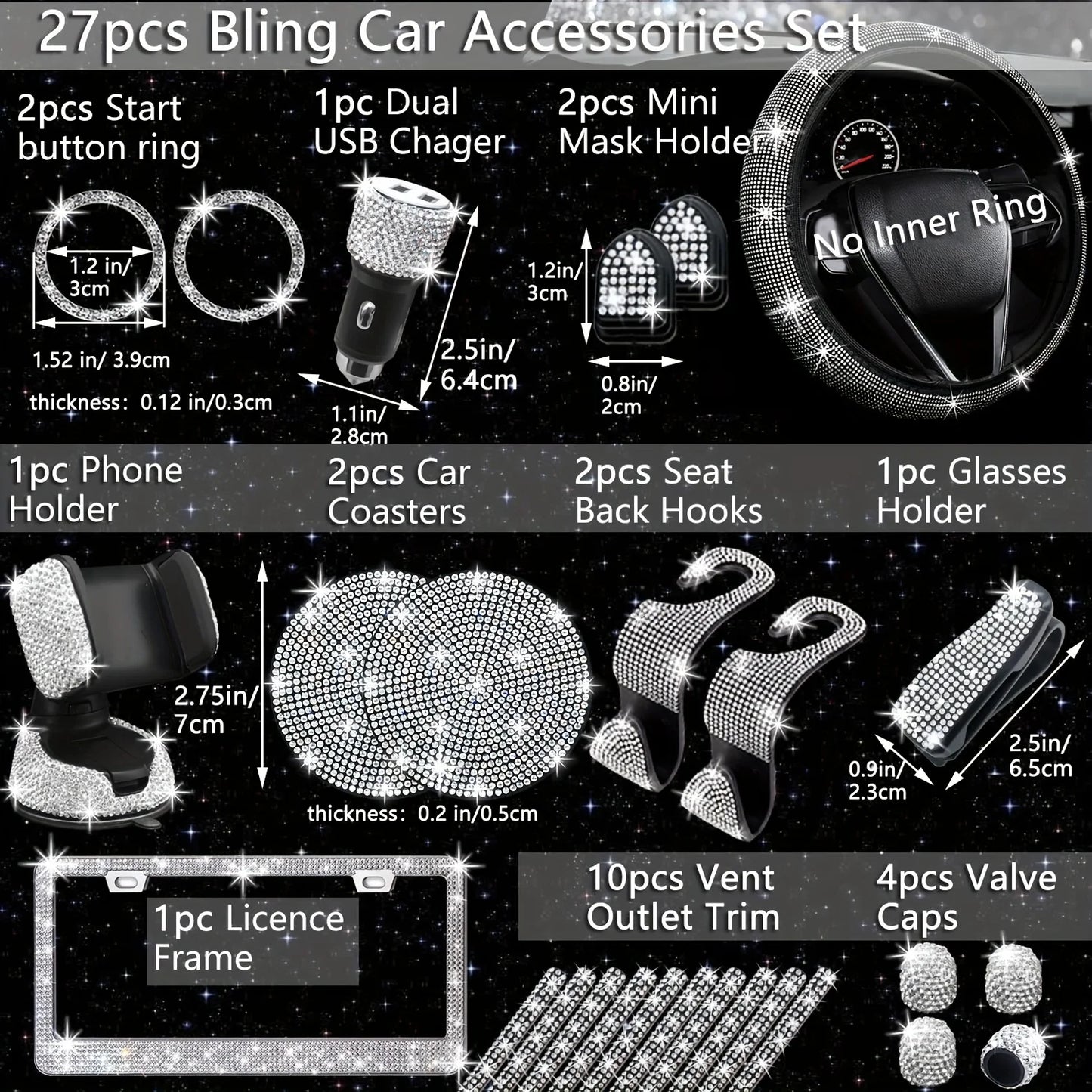 27PCS/Set Women Bling Universal Fit Polyester Steering Cover Shiny License Frame Phone Holder Coasters Tools Car Accessorie