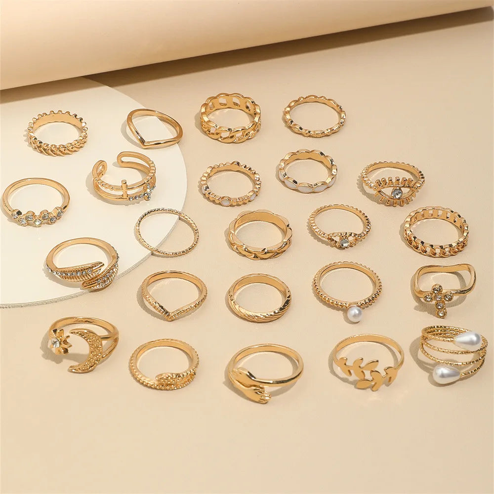 Silver Color Geometric Knuckle Rings Set For Women Eye Cross Sun And Moon Leaf Charm Finger Ring Female Boho Party Jewelry