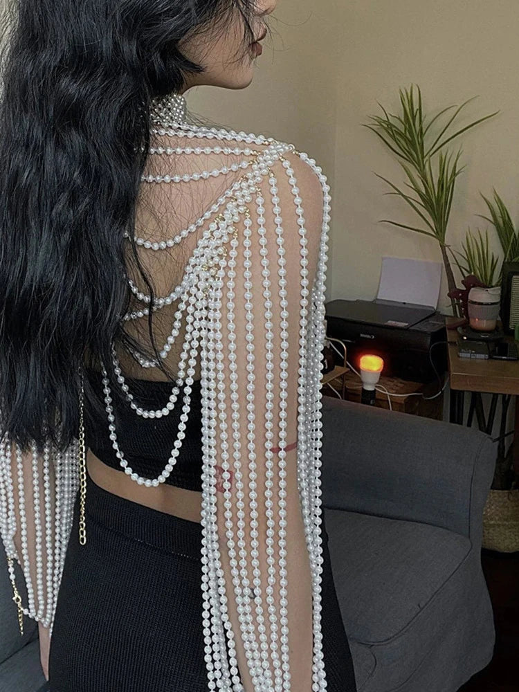 Women Pearl Tank Top Sexy Multiplayer Pearl Tassel Long Sleeve Bra Chains Camisole Necklaces Collar Partywear Crop Tops
