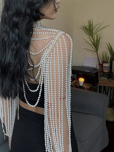 Women Pearl Tank Top Sexy Multiplayer Pearl Tassel Long Sleeve Bra Chains Camisole Necklaces Collar Partywear Crop Tops