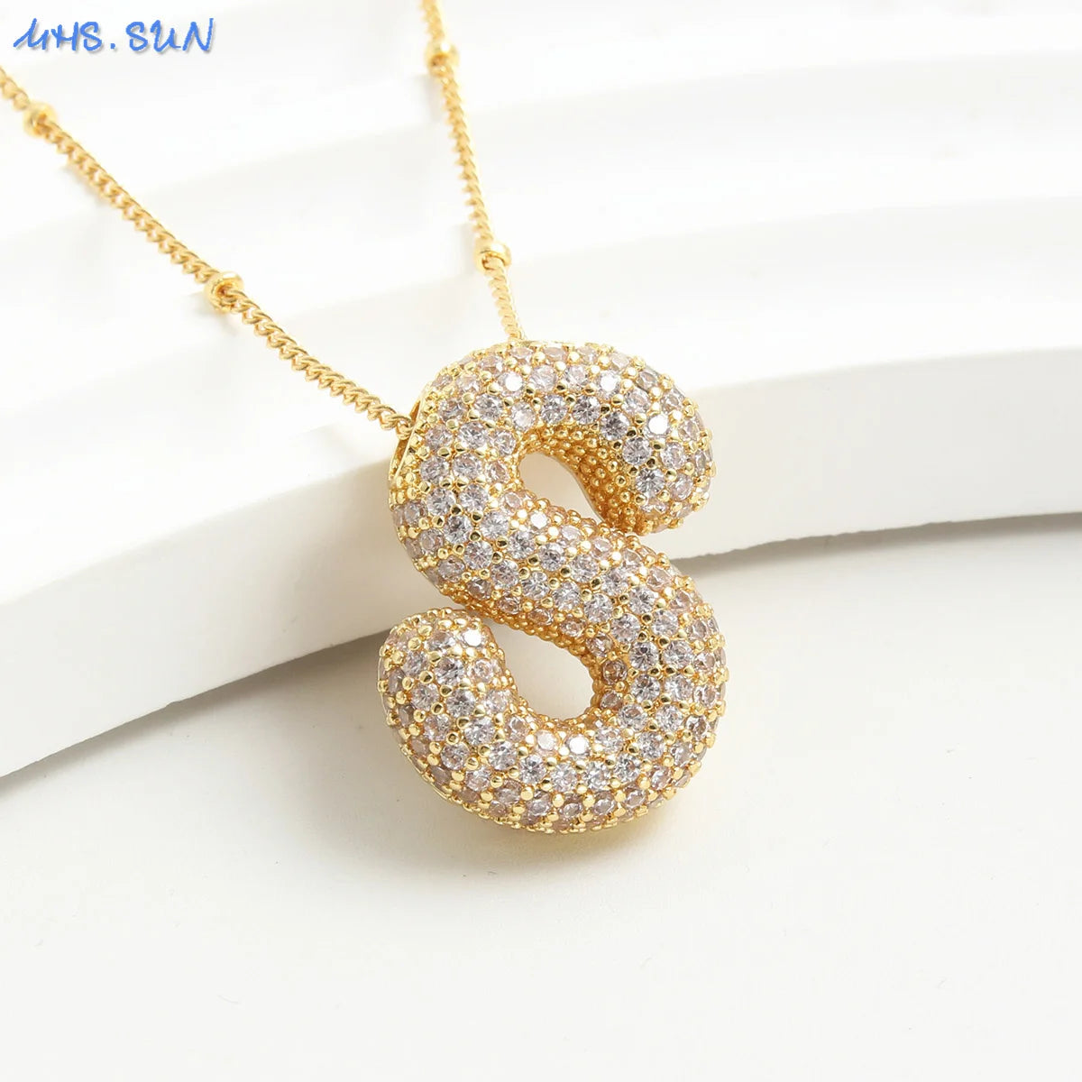 SUNSLL Cubic Zircon A-Z 26 Bubble Letter Necklace 2 Sizes Gold Plated M Chunky Balloon Initials Pendant Women Chain Jewelry 2024