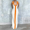 Sexy V-neck Contrast Color Off-shoulder Sleeveless Striped Wide Sling Split Hem Long Dress Temperament Party Club Casual Clothes