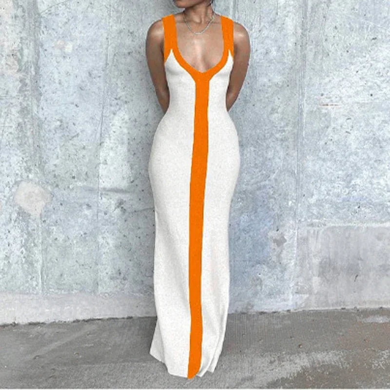 Sexy V-neck Contrast Color Off-shoulder Sleeveless Striped Wide Sling Split Hem Long Dress Temperament Party Club Casual Clothes