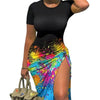 Trendy Printed Slim Midi Dresses Women Fashion Package Hip Bodycon Short Sleeves Drawstring Slit Dress Casual Ladies Streetwear