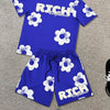 Fashion Men's Black and White Flower Graphic Print T-shirt Shorts 2-piece Set O-neck Short Sleeve Top Elastic Waist Shorts Set