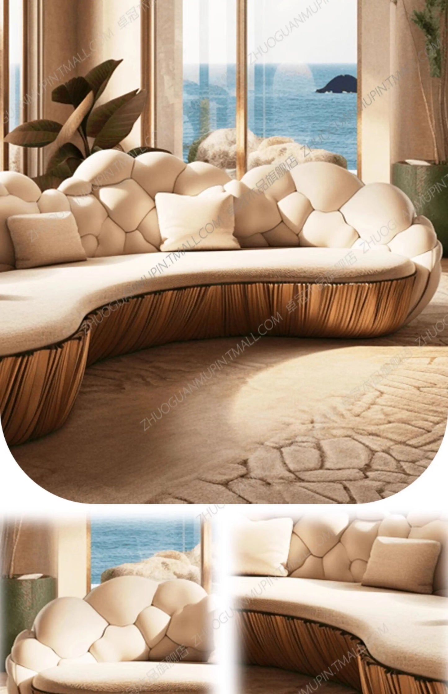 Französisches, leicht luxuriöses, halbkreisförmiges, geschwungenes Villa Wohnzimmer, kreatives Sofa, cremefarben, speziell geformt, Massivholz