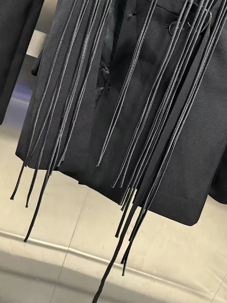 VGH Minimalistische Patchwork-Blazer mit Kordelzug für Damen, Revers, lange Ärmel, rückenfrei, ausgeschnittener Blazer im weiblichen Stil