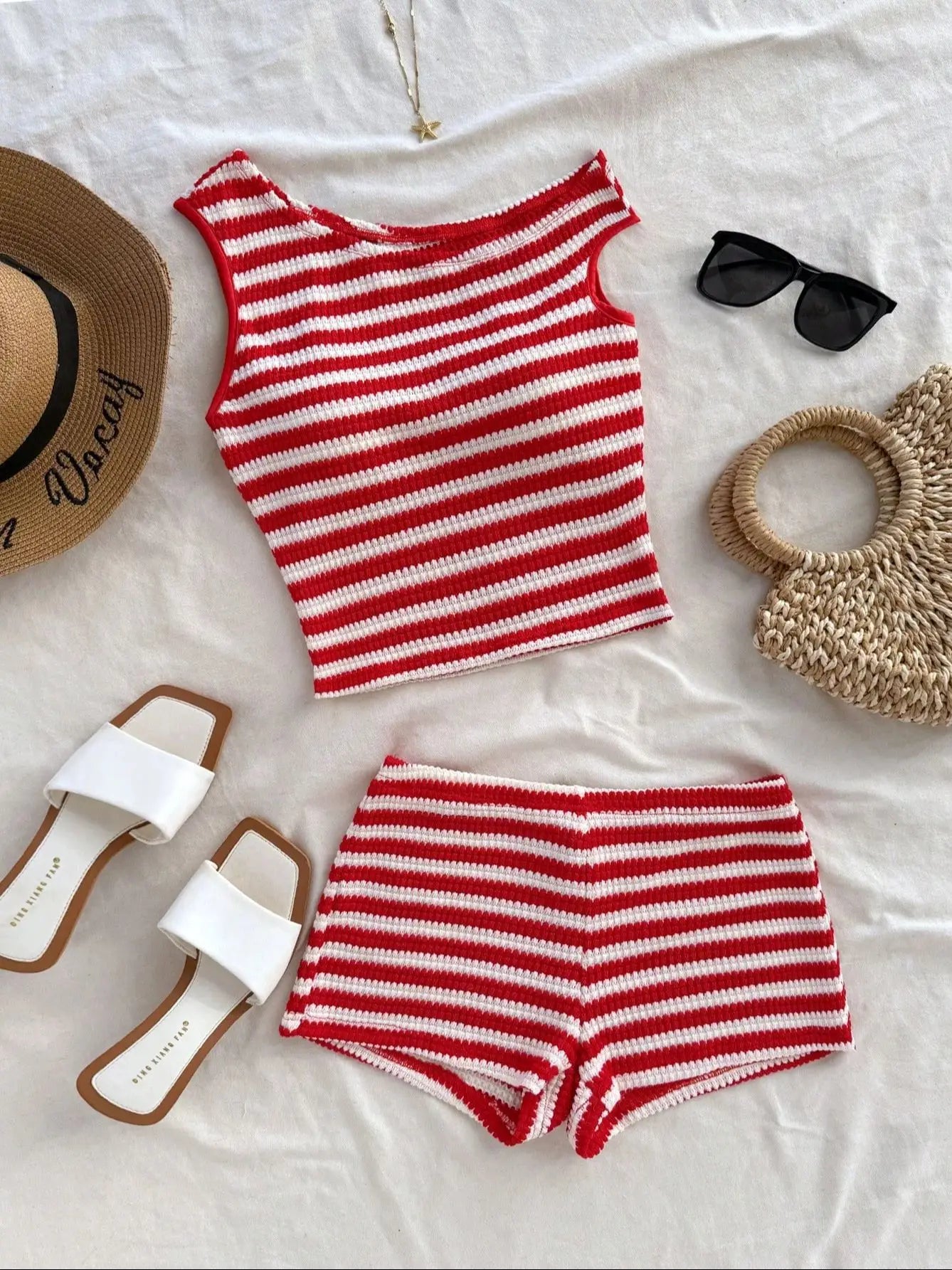European and American striped vest shorts set, summer knitted hot pants top two-piece set