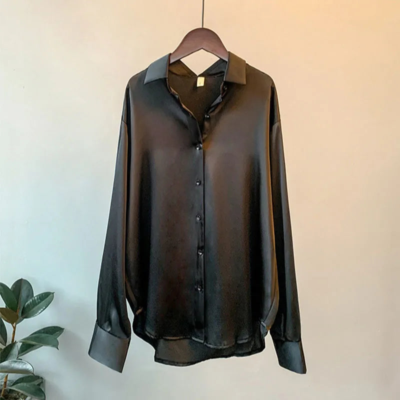 1pcs Woman Spring Autumn Satin Shirt Lady Long Sleeve Lapel Blouses Cardigans Elegance Sweet Casual Coats Girl Sunscreen Top