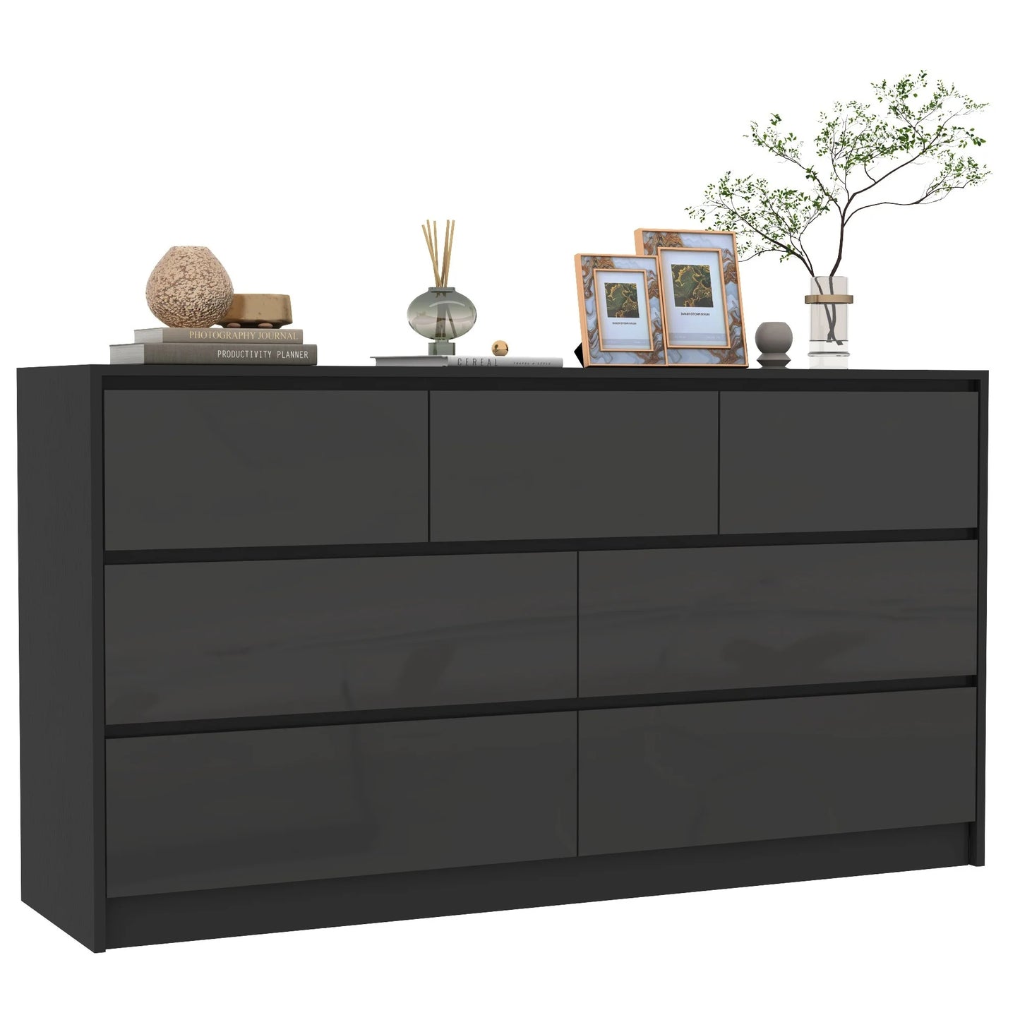 7 Drawer Dresser for Bedroom, 55 Inch Modern Dresser with High Gloss Drawers, Large Wood Chest of Drawer, White/Black