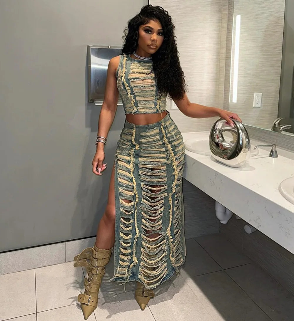 FAGADOER Fashion Streetwear Women Denim Hole Hollow Sleeveless Crop Top And Side Slit Skirts Two Piece Sets Sexy Cowboy Outfits