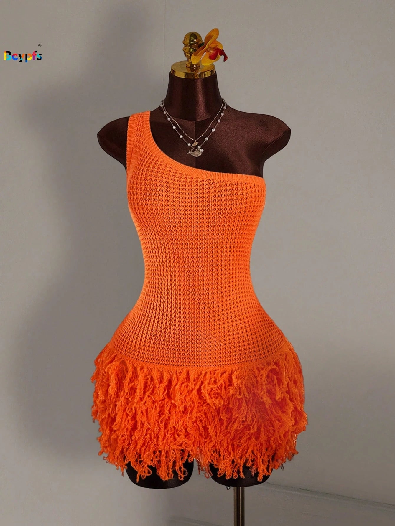 2026 Y2K TikTok Hot One Shoulder Crochet Dress Orange Fringe Bodycon Mini Dress for Vacation Party Clubwear