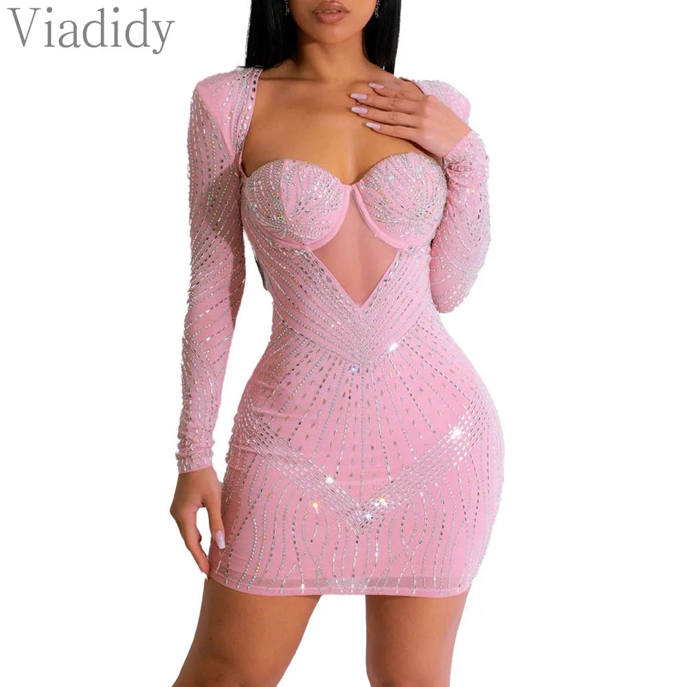 Damen sexy durchsichtiges Mesh-Strass-Dekor Langarm Skinny Partykleid