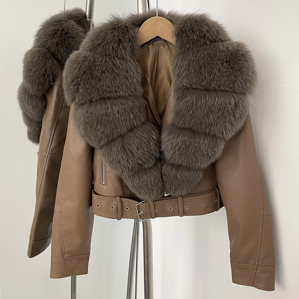 OFTBUY Natural Fox Fur Faux Leather Jacket Female New Autumn Short Top Clothing Women Long Sleeve Fake Leather Real Fur Coat