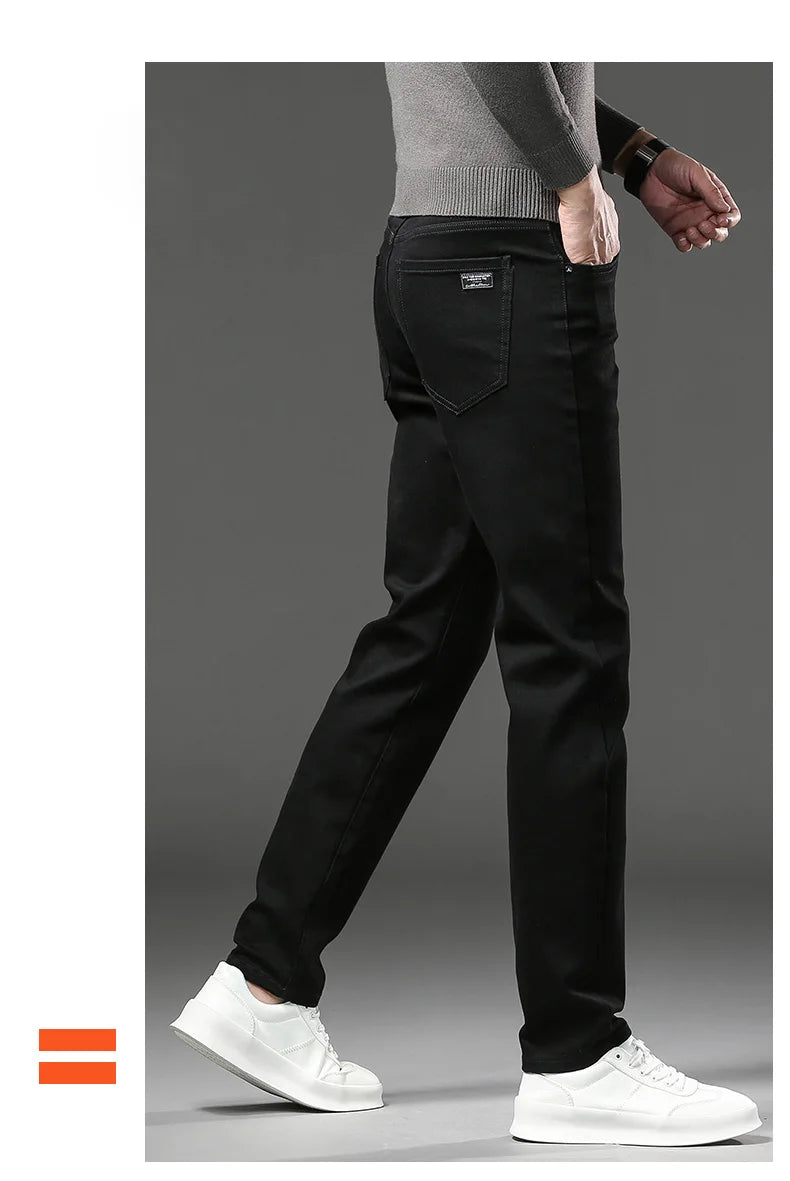 Winter Fleece Dicke Warme Jeans Herren Slim Straight Elastische Denim-Hose Lässige Herrenbekleidung Mode Plüschhose