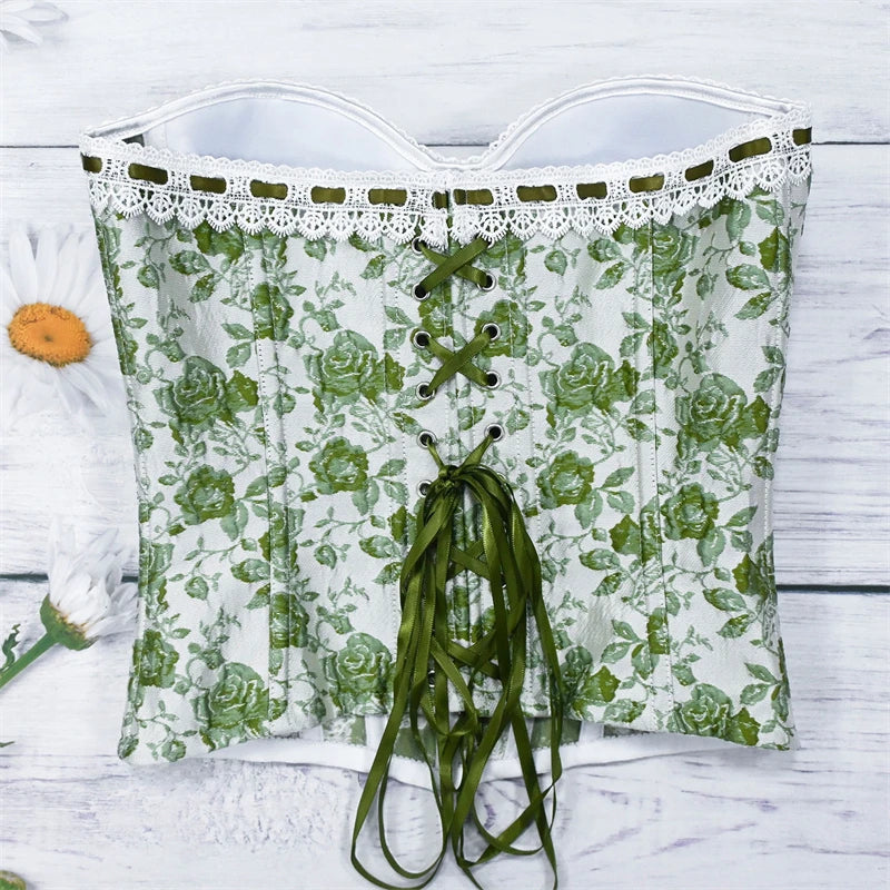 Sexy Women Pink Overbust Corset Crop Top Sweet Lace Patchwork Slim Fit Strapless Bustier Chic Party Summer Clothes Streetwear
