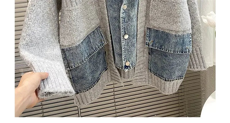 2023 New Autumn Winter Women Splicing Denim Jacket Women Long Sleeve Jean Jackets Female Loose Sweater Cardigan Jacket