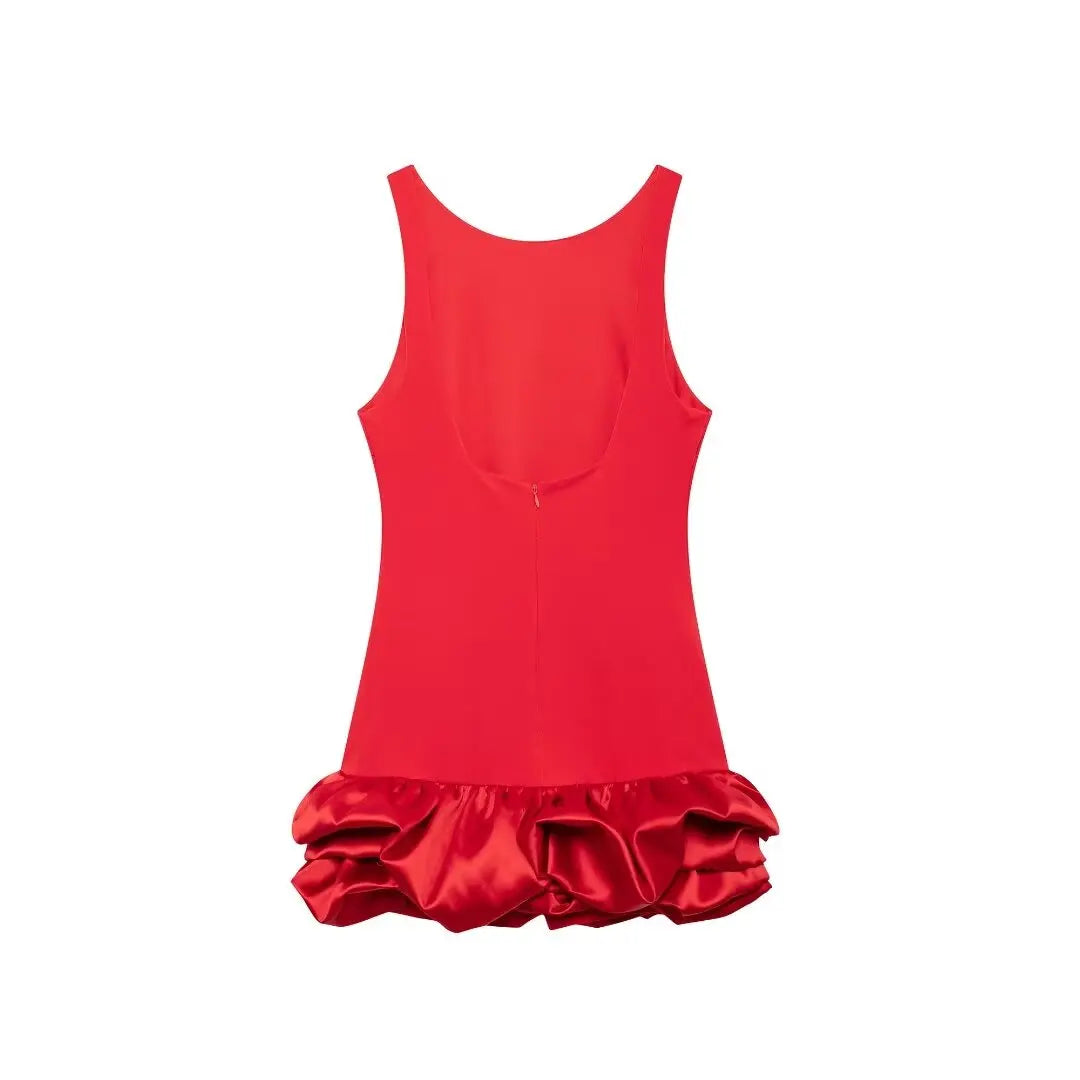 TRAFZA Sexy Solid White Flower Bud Tierred Red Mini Dress Safety Pants Women Dress New 2025 Spring Autumn Fashion Party Dress