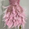 Women Luxury Rhinestones Pearls Feathers Halter Backless Short Dress Women Sexy Celebrate Birthday Dress Nightclub Stage Costume