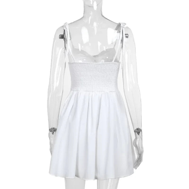 Hollow Ruched  Dress Women Square Collar Lace-up Shoulder Strap Backless Sleeveless Ruffles Street Trend Mini Bodycon