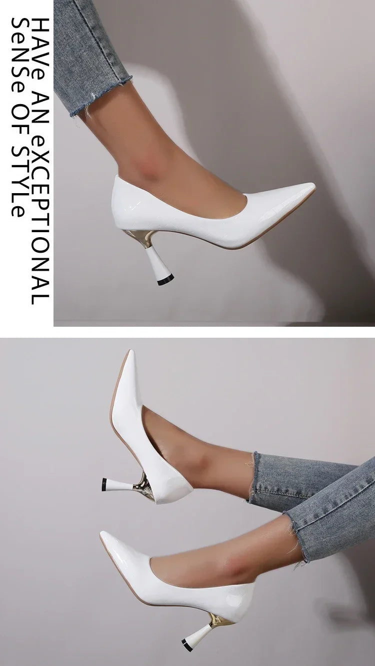 Schuhe Damen 2024 Trend Neue Sommer Rote Absätze Elegante Damen Schwarze Pumps mit Absatz Spitz zulaufende Pumps Kleid Leder Weiße Damenschuhe