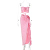 Hugcitar Fashion 2 Pcs Sets Strapless Tie Flower Draped Sexy Crop Tank Top Slit Tassel Maxi Skirt Women Outfit Festival Party