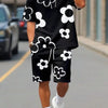 Fashion Men's Black and White Flower Graphic Print T-shirt Shorts 2-piece Set O-neck Short Sleeve Top Elastic Waist Shorts Set