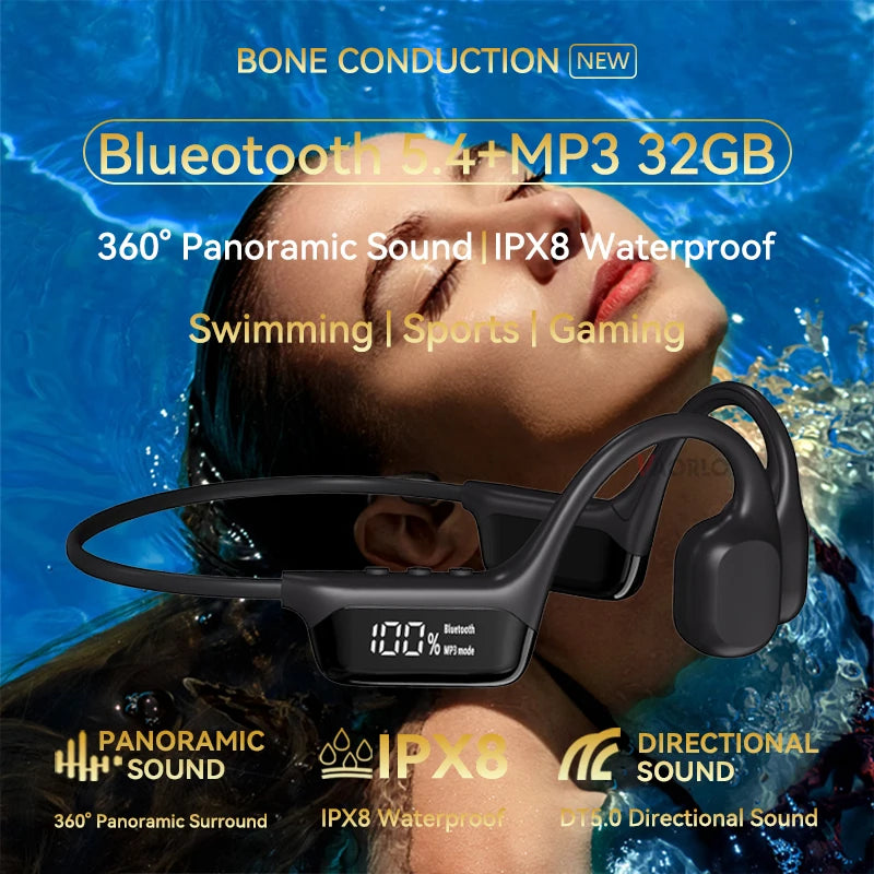 Knochenschallkopfhörer Bluetooth 5.4 Kabellose Ohrhörer IPX8 Wasserdicht für Schwimmsportler Unterstützt MP3-Player mit 32 GB RAM